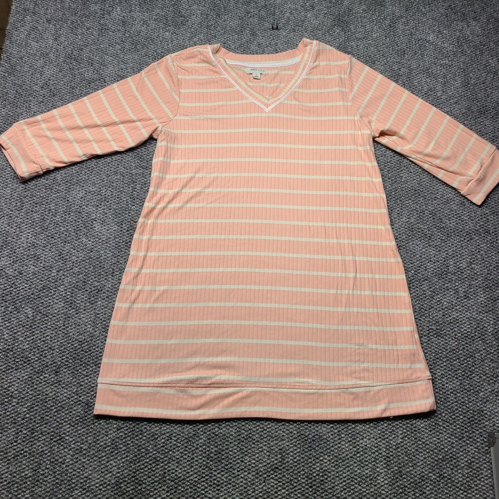 Anne Klein Knit Top Womens Large Peach White Striped Ribbed V Neck 3/4 Sleeves